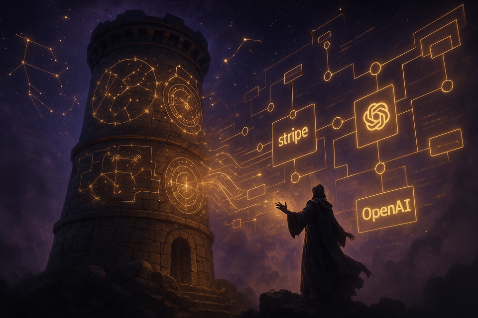 Mystical ancient observatory tower with glowing celestial charts merging with futuristic AI interface showing automated workflow transformation