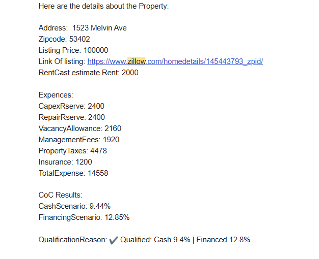 Formatted Gmail deal alert showing property address, Zillow link, dual-scenario cash-on-cash ROI, projected monthly cash flow, and RentCast comparable rent data